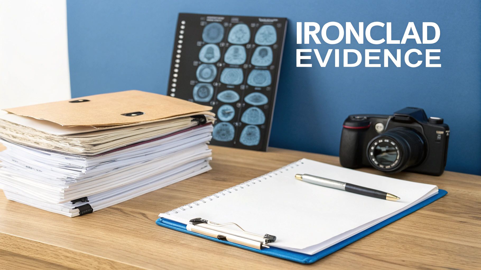 A desk scene with a stack of documents, medical scans, a camera, and a notepad, symbolizing ironclad evidence.