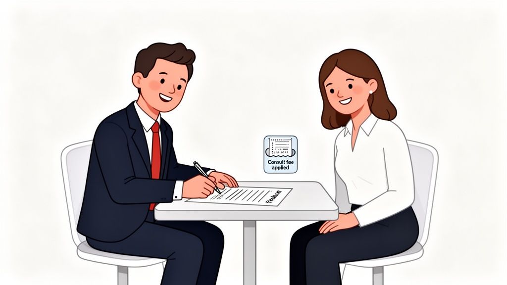 Two professionals discussing a document during a consultation, with a 'consult fee applied' icon.