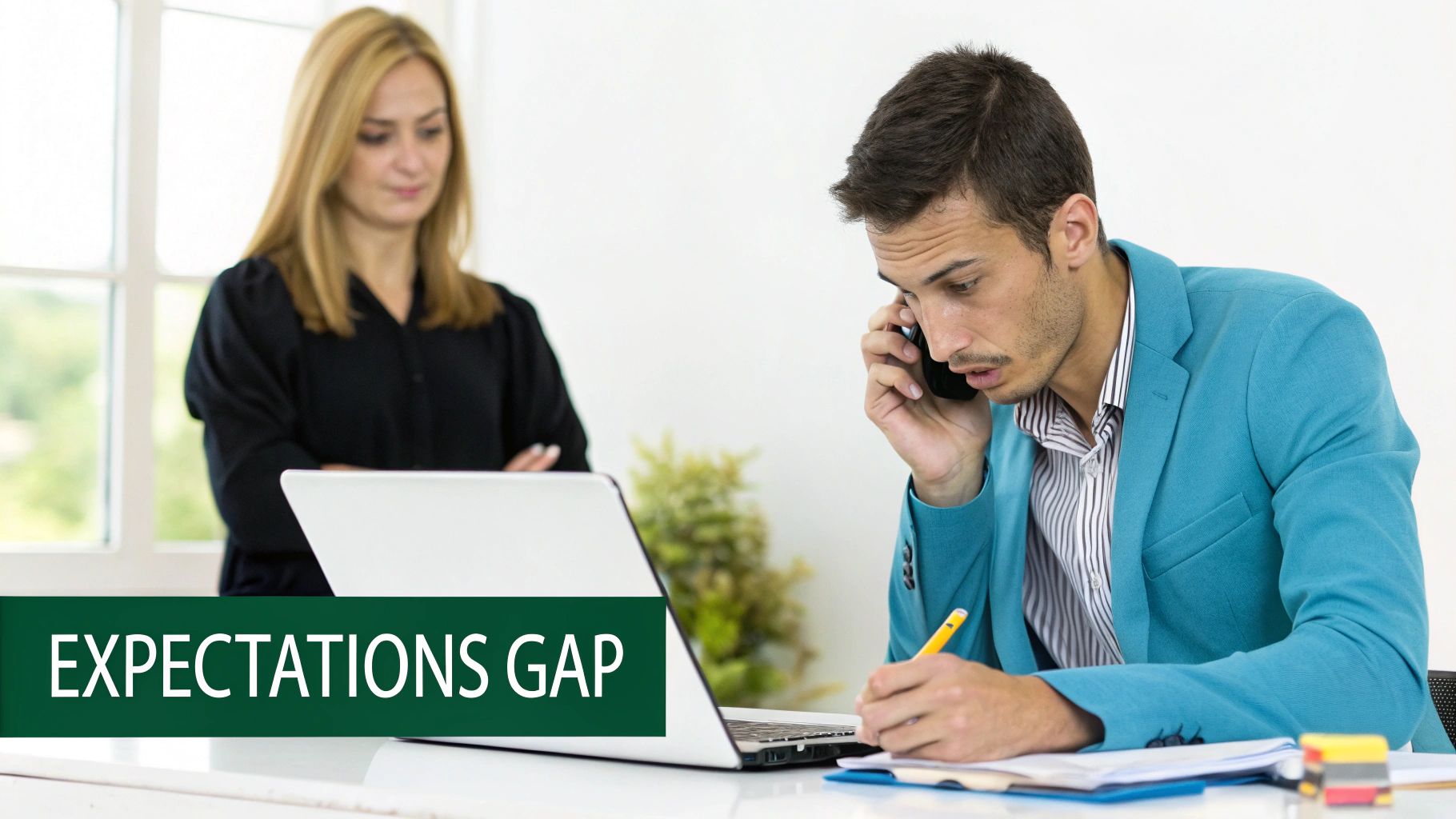 A frustrated person looking at paperwork and a laptop.