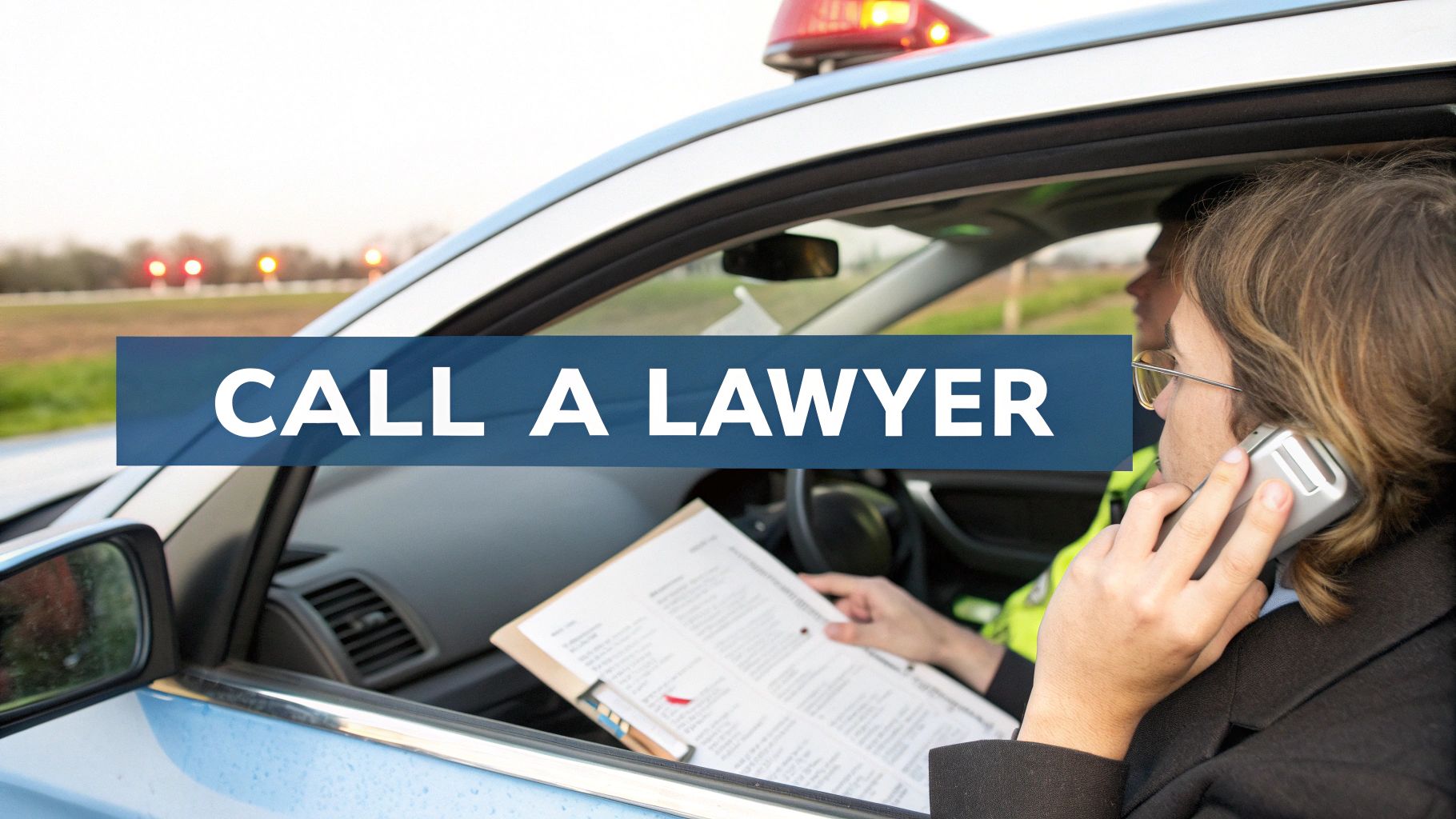 Woman in car talks on phone, with 'CALL A LAWYER' text and police car in background.