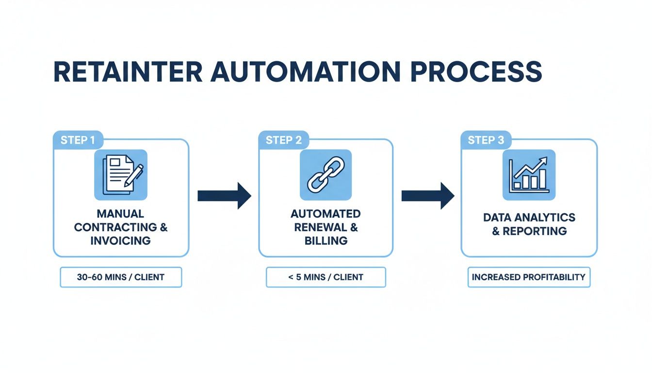A three-step retainer automation process diagram, from manual contracting to data analytics and reporting.