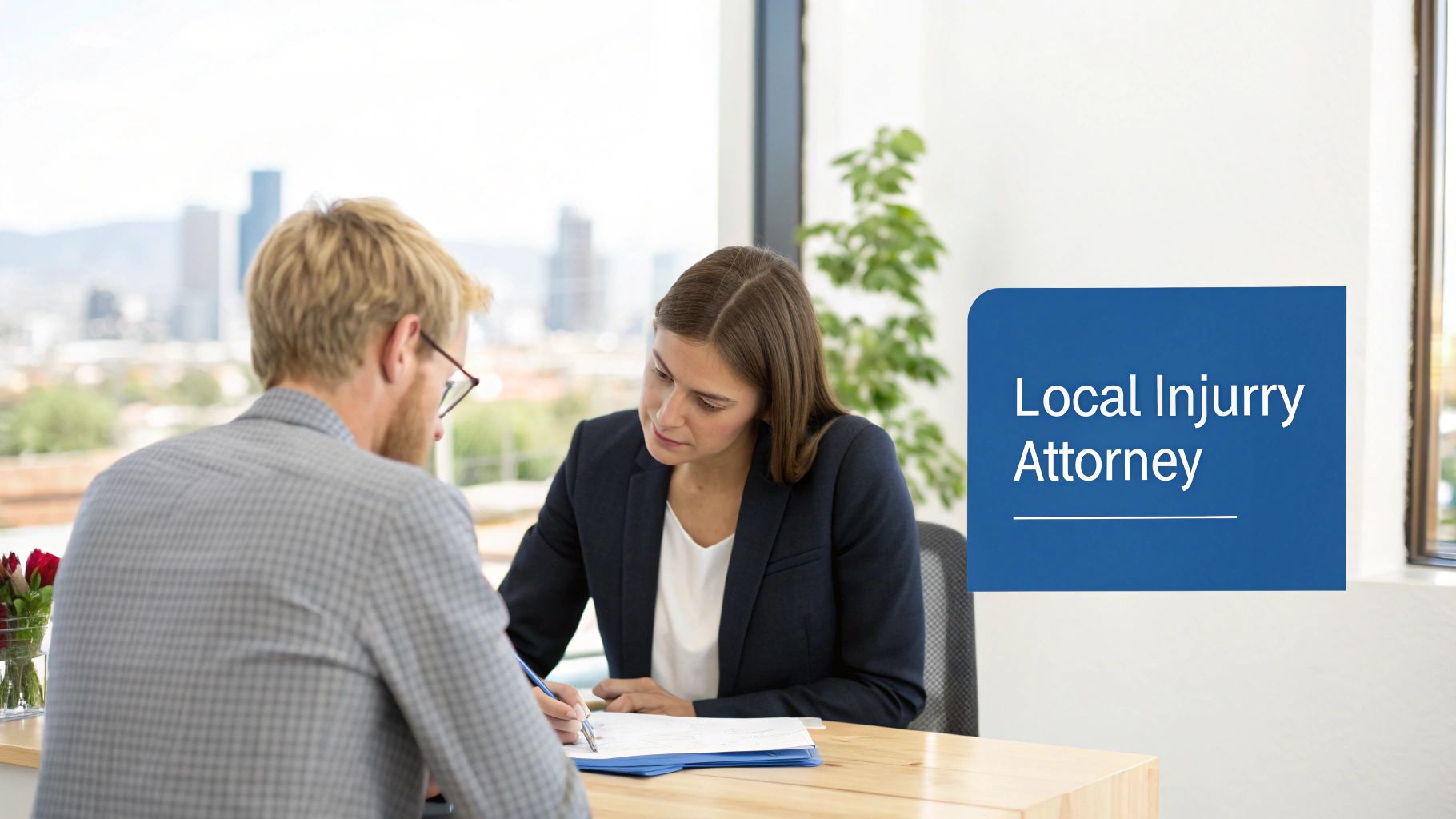 A focused attorney reviewing legal documents in a modern office.