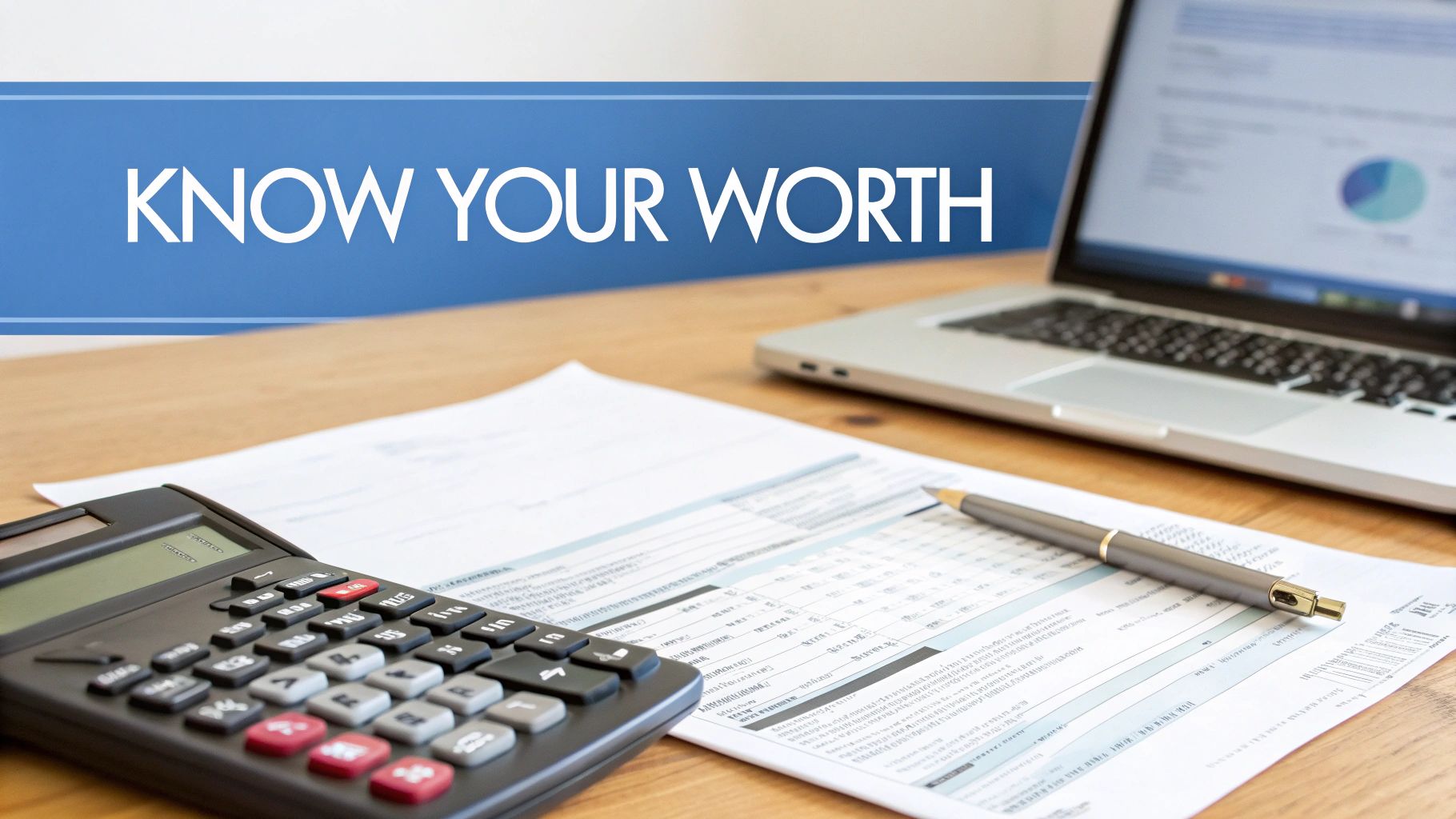 Financial workspace with a calculator, laptop, papers, and pen, featuring 'KNOW YOUR WORTH'.