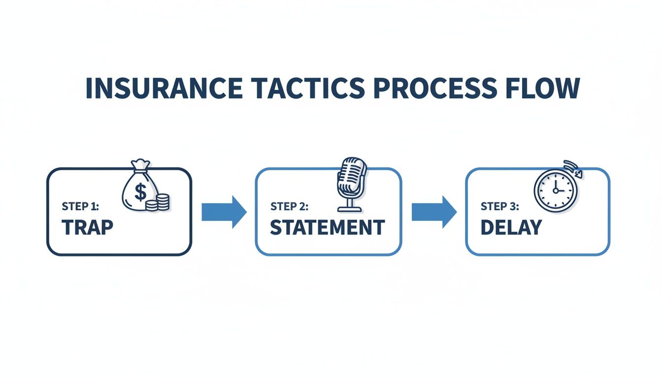 A process flow diagram illustrating three steps of insurance tactics: Trap (money), Statement (microphone), and Delay (clock).