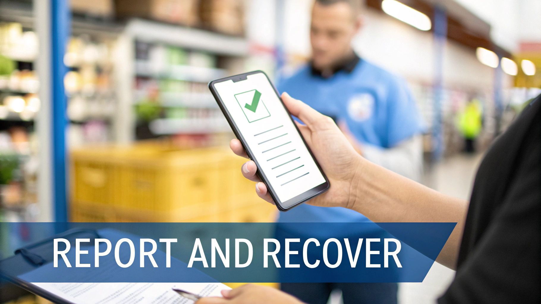 Person holding a smartphone with a green checkmark, indicating a completed report in a grocery store.