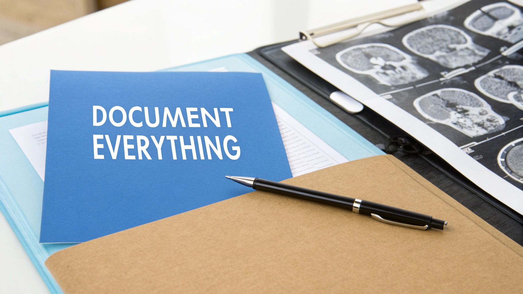 Blue folder with 'DOCUMENT EVERYTHING' text, pen, and medical scans on a desk.