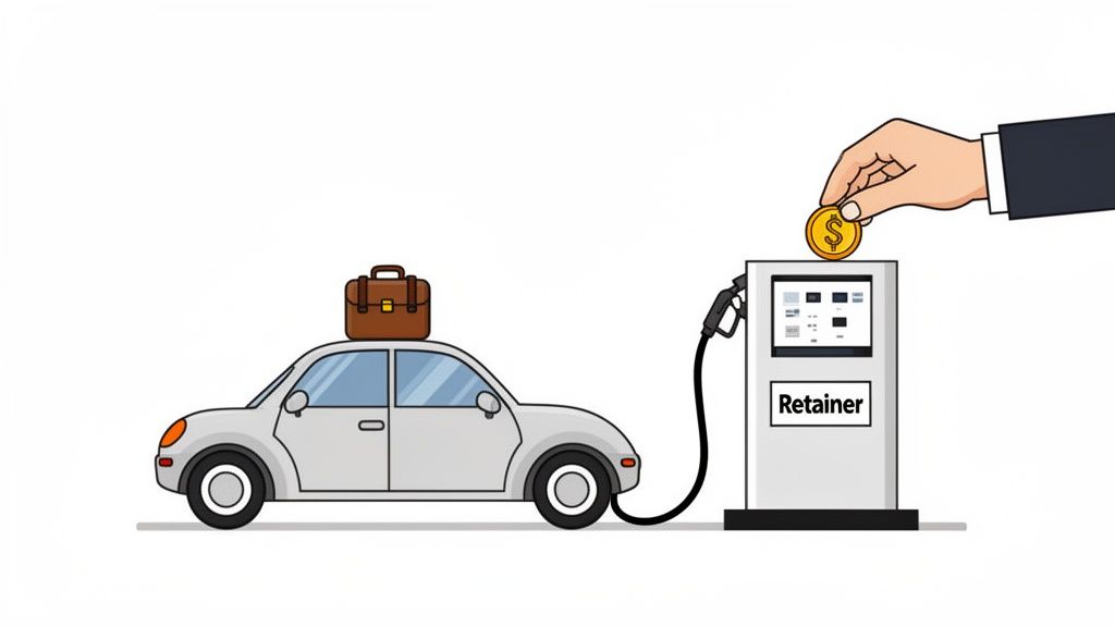 A hand puts a dollar coin into a gas pump labeled 'Retainer' to fuel a car with a briefcase.