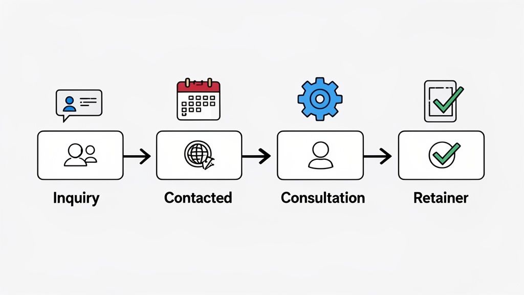 A four-step client intake process diagram showing Inquiry, Contacted, Consultation, and Retainer stages with icons.