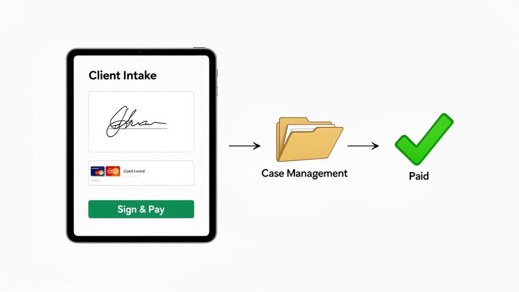 Digital client intake on a tablet showing signature and payment, flowing to case management and successful payment.