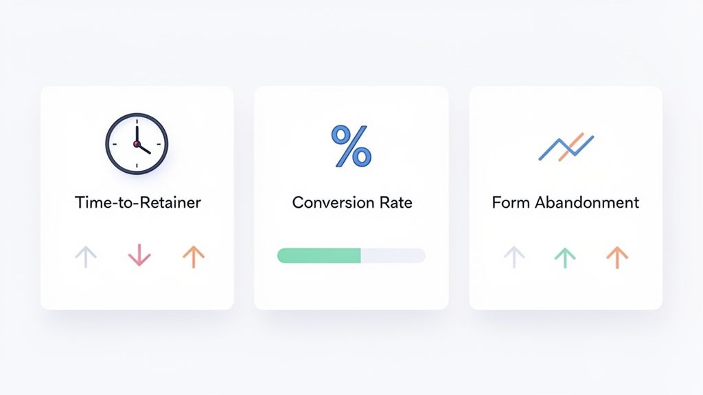Three white cards displaying business metrics: Time-to-Retainer, Conversion Rate, and Form Abandonment, with icons and indicators.
