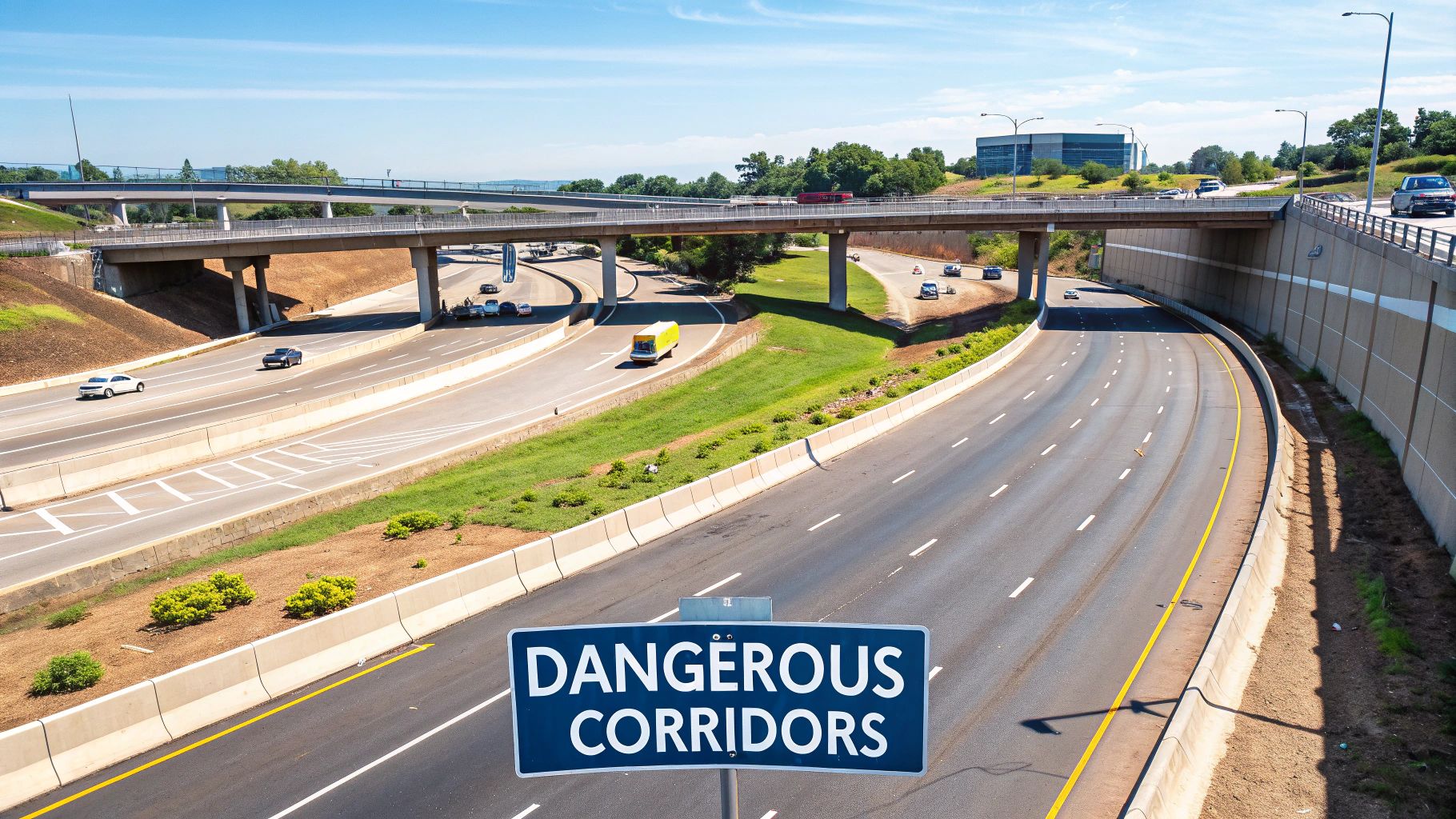 An overhead view of a multi-lane highway with an overpass, cars, and a 'DANGEROUS CORRIDORS' sign.