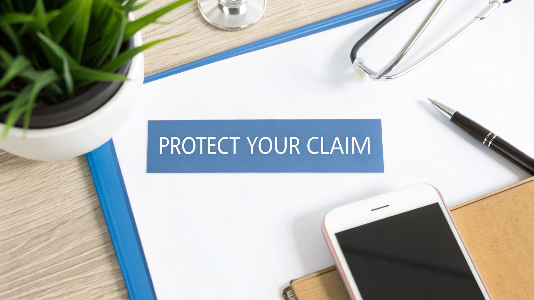 A desk with a blue banner displaying 'PROTECT YOUR CLAIM', alongside a stethoscope, pen, plant, and phone.
