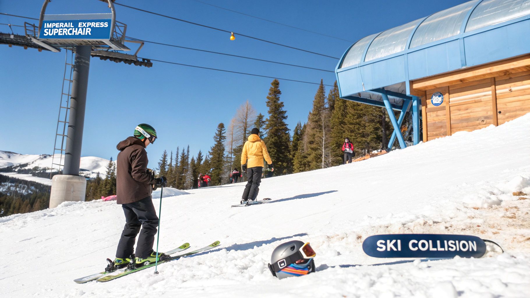 Skiers and snowboarders on a sunny mountain slope, a ski lift, with a helmet and a 'Ski Collision' sign in the foreground.