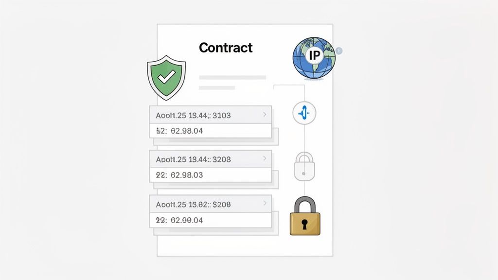 Diagram showing a contract's journey, IP tracking, and security validation with lock icons.