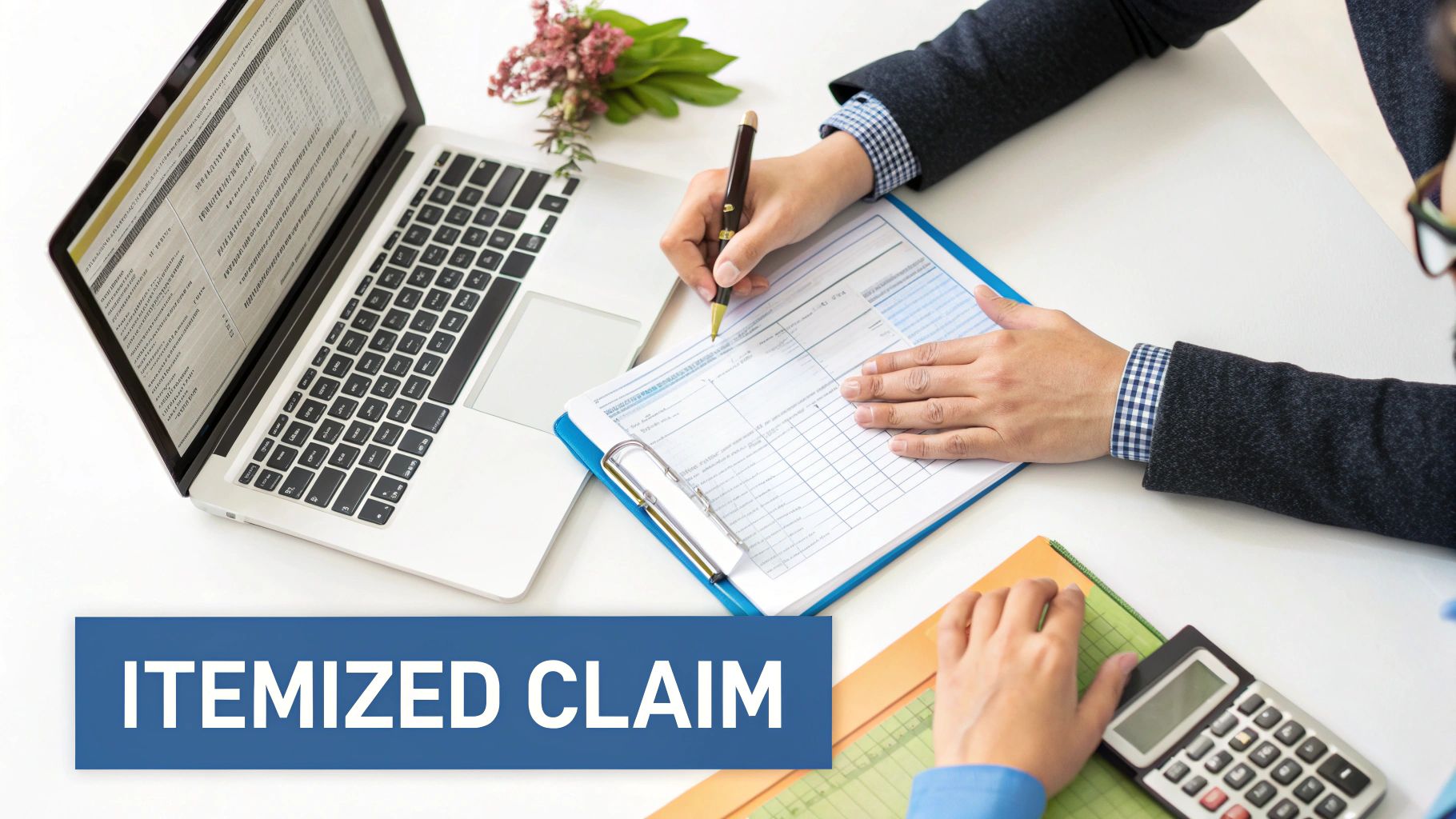 Overhead view of hands completing an itemized claim form, with a laptop and calculator nearby.