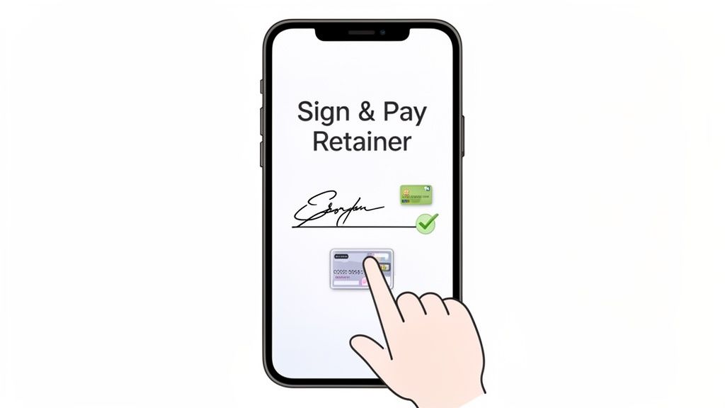 A smartphone app screen showing electronic signature and a finger tapping to pay a retainer fee.