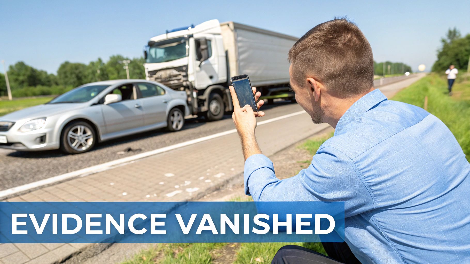 A man uses his smartphone to photograph a car and truck accident on a road, with text "EVIDENCE VANISHED".