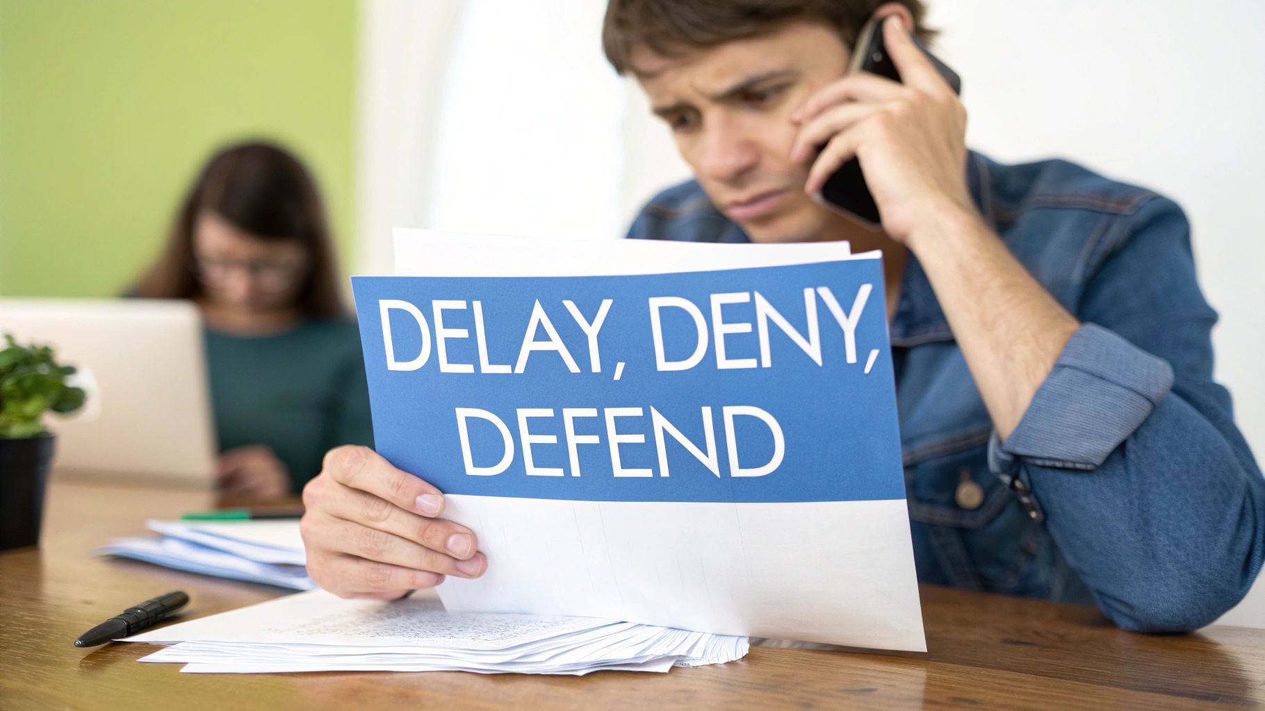 A man on the phone holds a document reading 'DELAY, DENY, DEFEND' while looking concerned, surrounded by papers.
