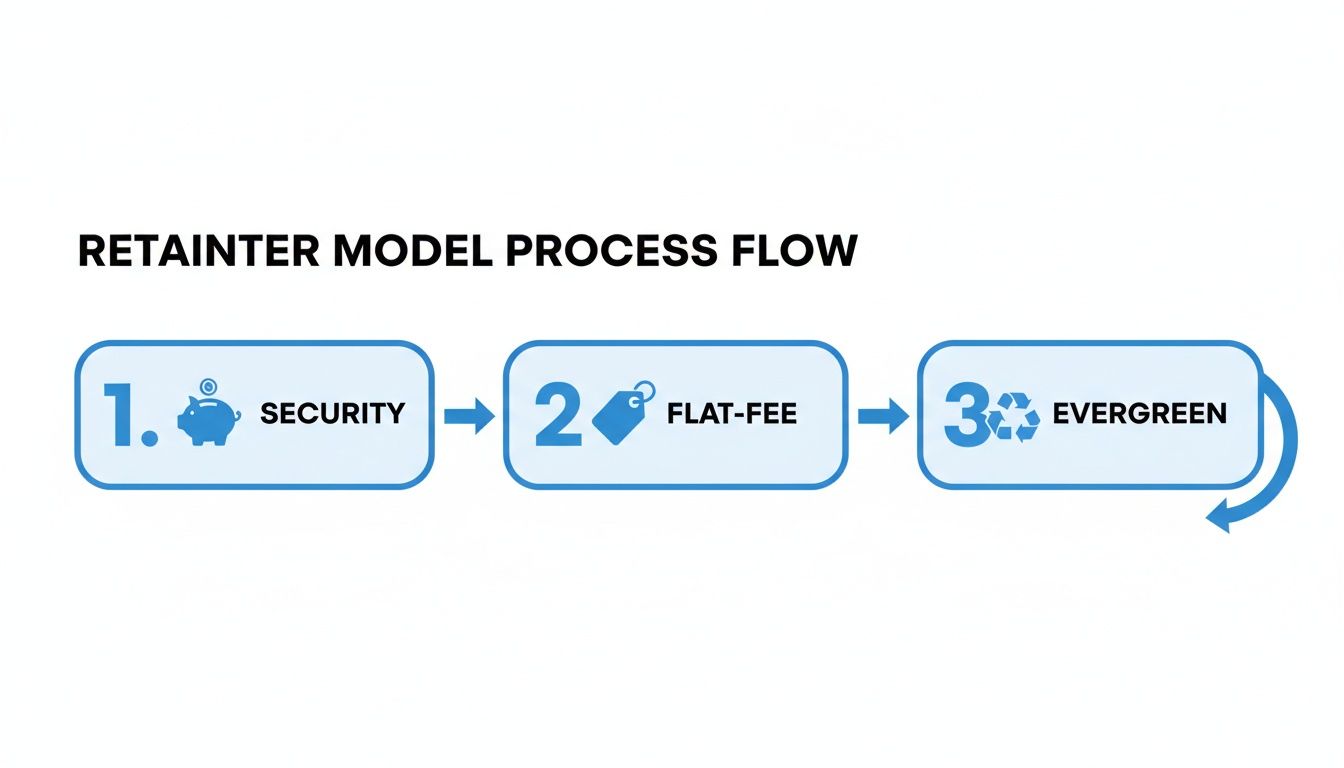 A diagram illustrating the Retainer Model Process Flow with three steps: Security, Flat-Fee, and Evergreen.