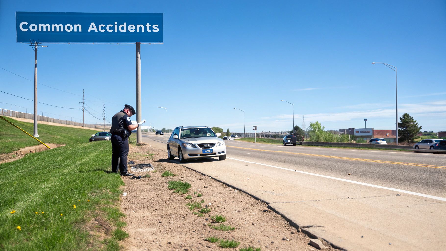 A panoramic view of a busy highway intersection in Colorado Springs with mountains in the background.