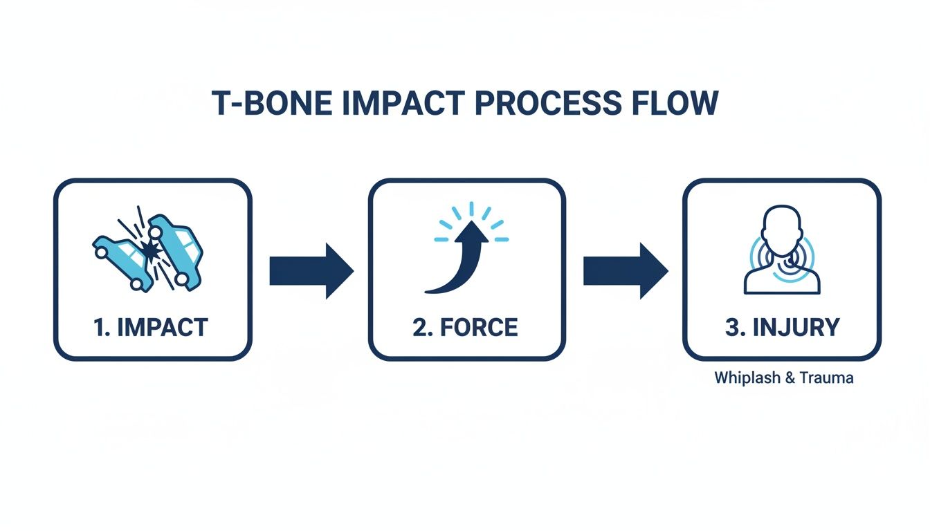 Process flow diagram illustrating a T-bone car impact, the resulting force, and potential whiplash neck injury.