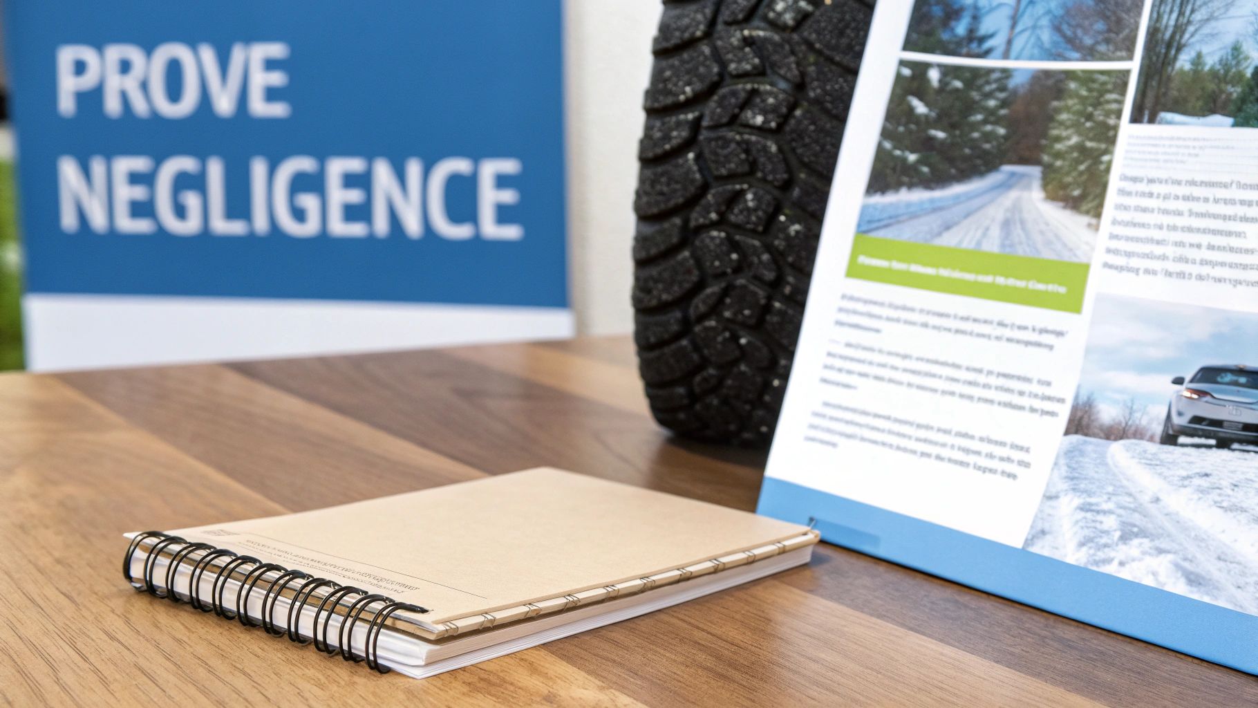 Legal office desk with 'Prove Negligence' sign, winter tire, snowy road brochure, and notebook.