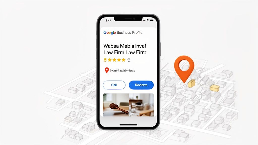 A smartphone displays a Google Business Profile for a law firm, showing ratings, contact options, and a map location pin.