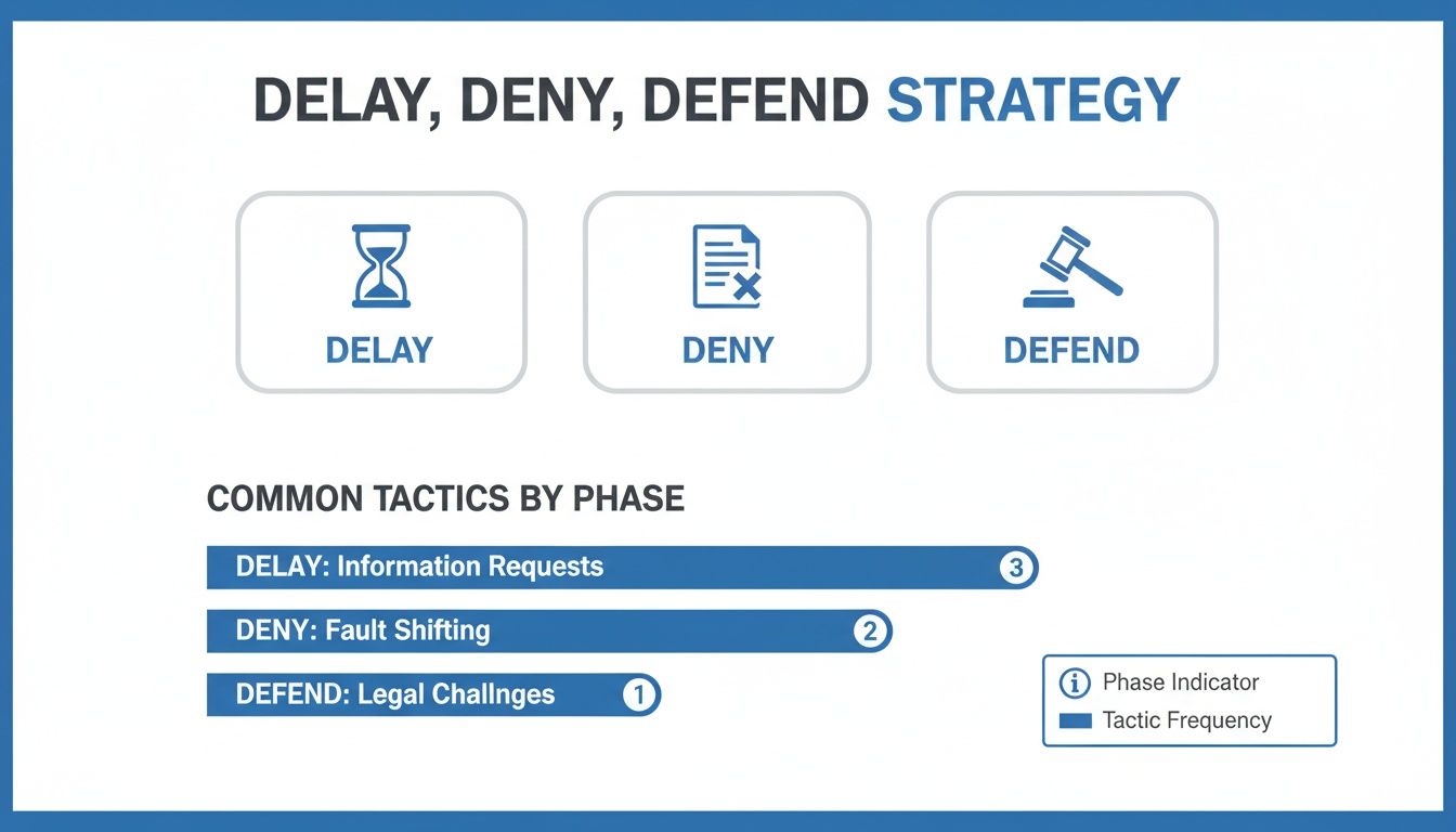 Infographic illustrating the 'Delay, Deny, Defend' strategy with common tactics and their frequencies.