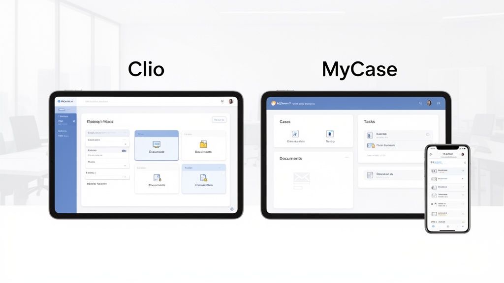 Comparison of Clio and MyCase legal software interfaces displayed on tablets and a smartphone.