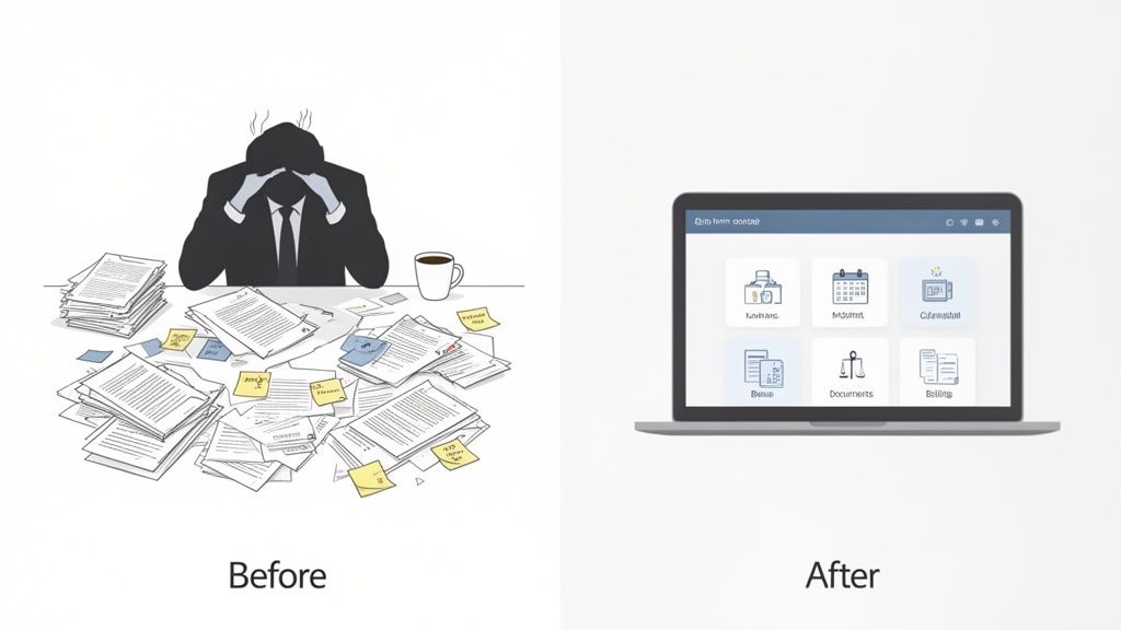 Illustration showing a stressed professional overwhelmed by paper documents (before) versus an organized digital workspace on a laptop (after).