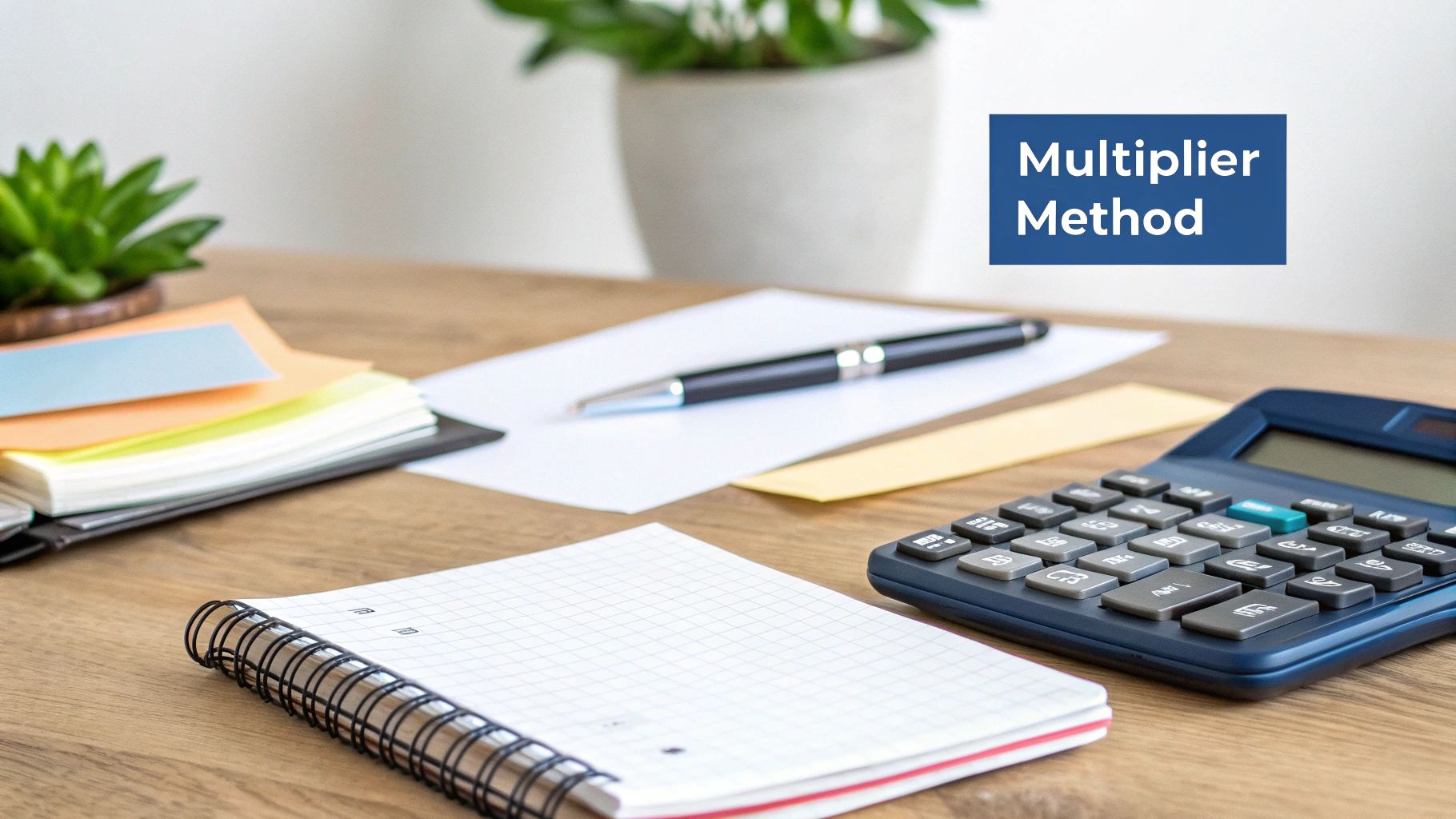 Desk with calculator, notebook, pen, sticky notes, and plants, illustrating the 'Multiplier Method'.