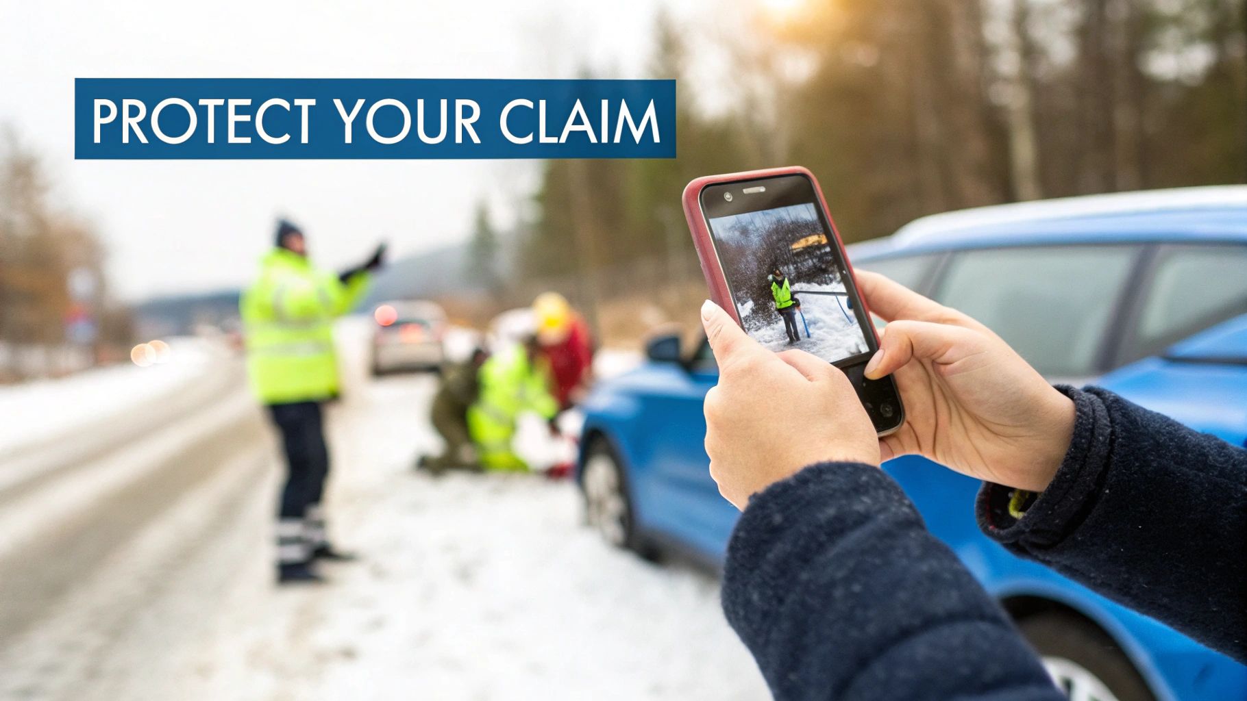 Hands hold a smartphone taking a photo of a snowy car accident with people in vests. Text: PROTECT YOUR CLAIM.