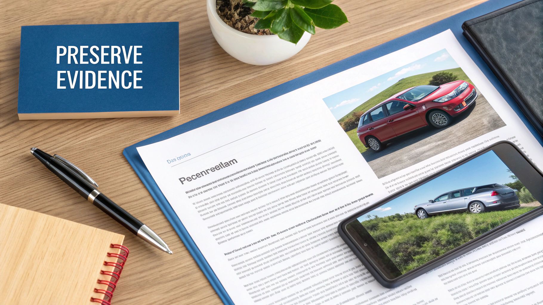 Desk with 'PRESERVE EVIDENCE' book, documents featuring a red car, smartphone displaying a silver car, and a pen.