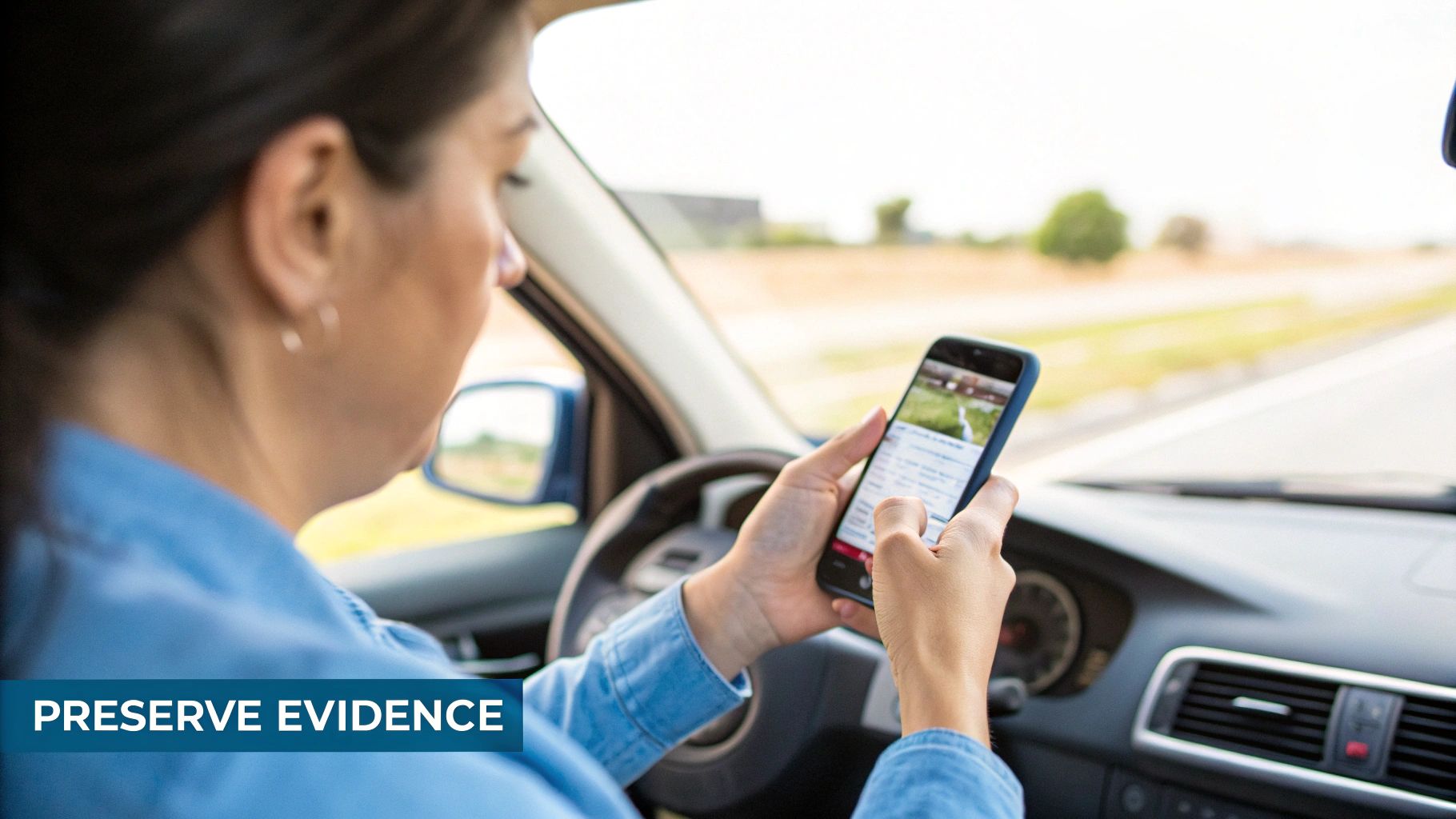 Woman driving a car, looking at her smartphone, with text 'PRESERVE EVIDENCE' overlayed.