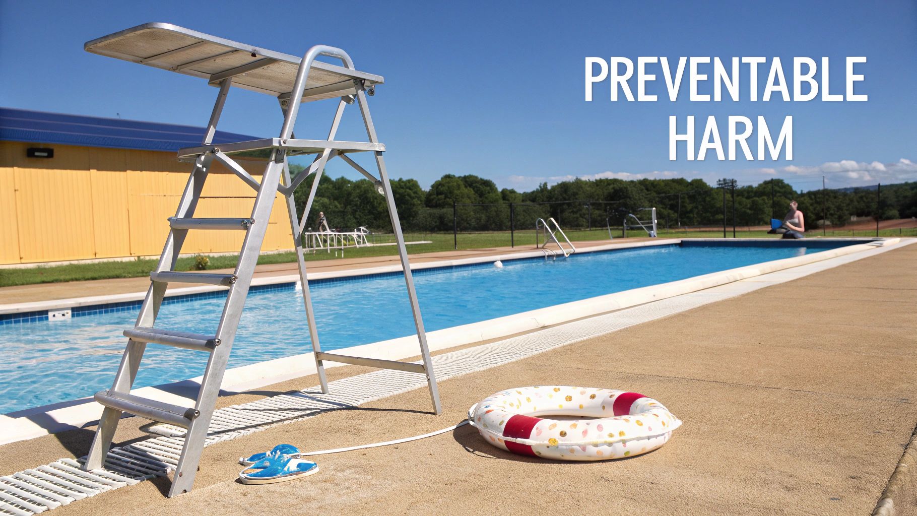 A lifeguard stand next to a swimming pool with a lifebuoy and flip-flops on the ground.