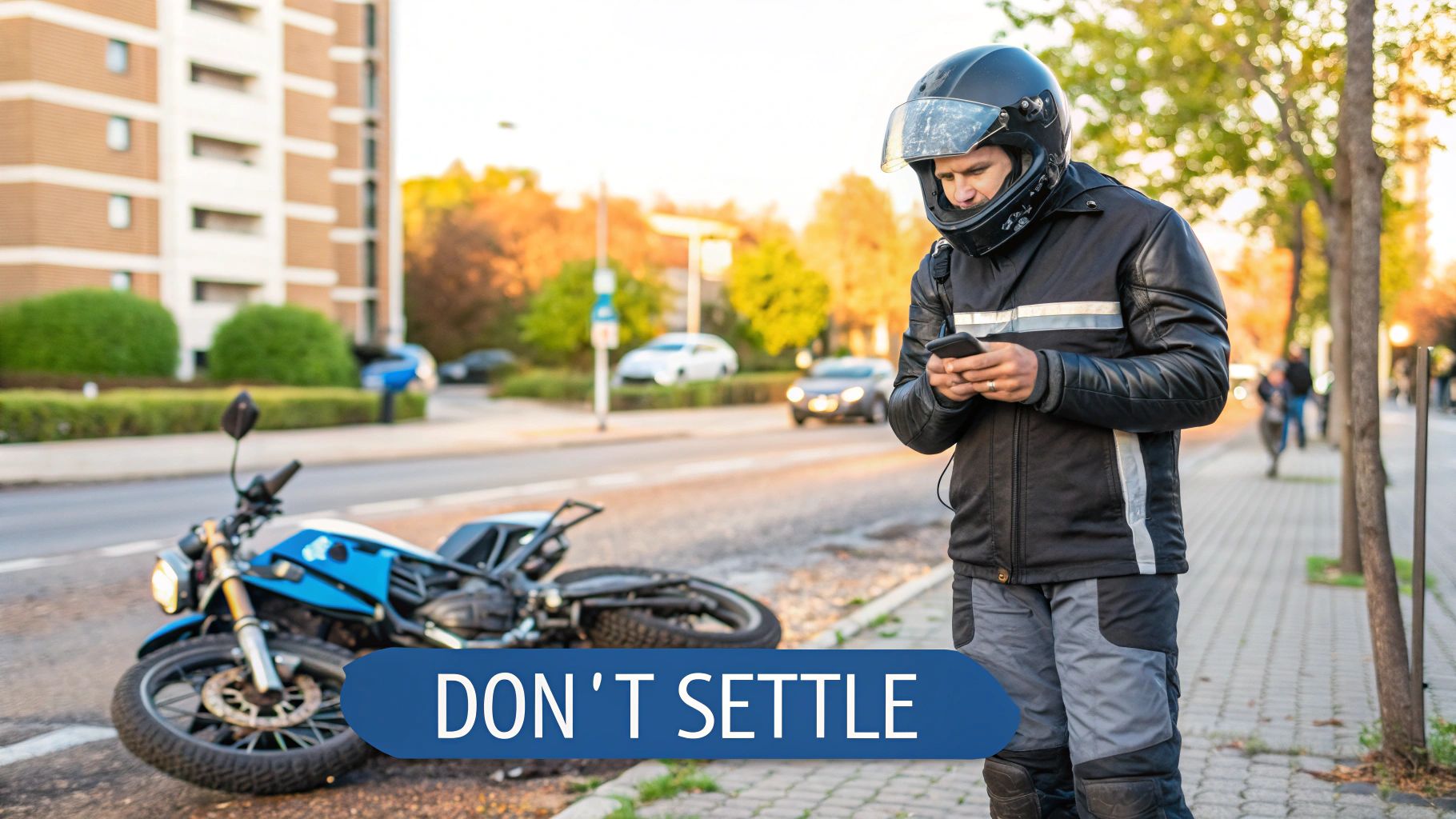 Motorcyclist in helmet checking phone next to fallen motorcycle on urban street after accident