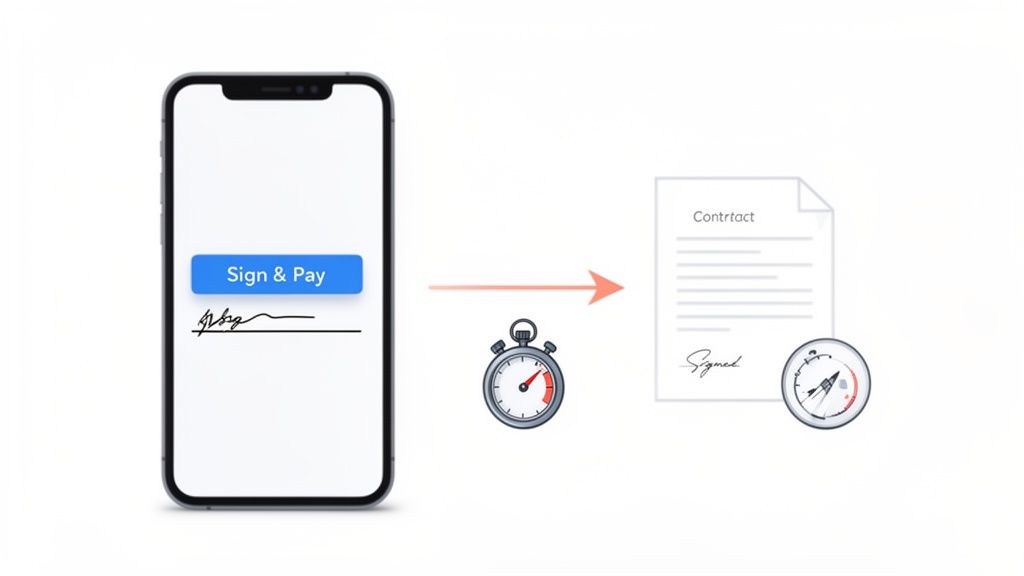 A smartphone shows a 'Sign & Pay' button and signature, leading to a quickly signed digital contract.