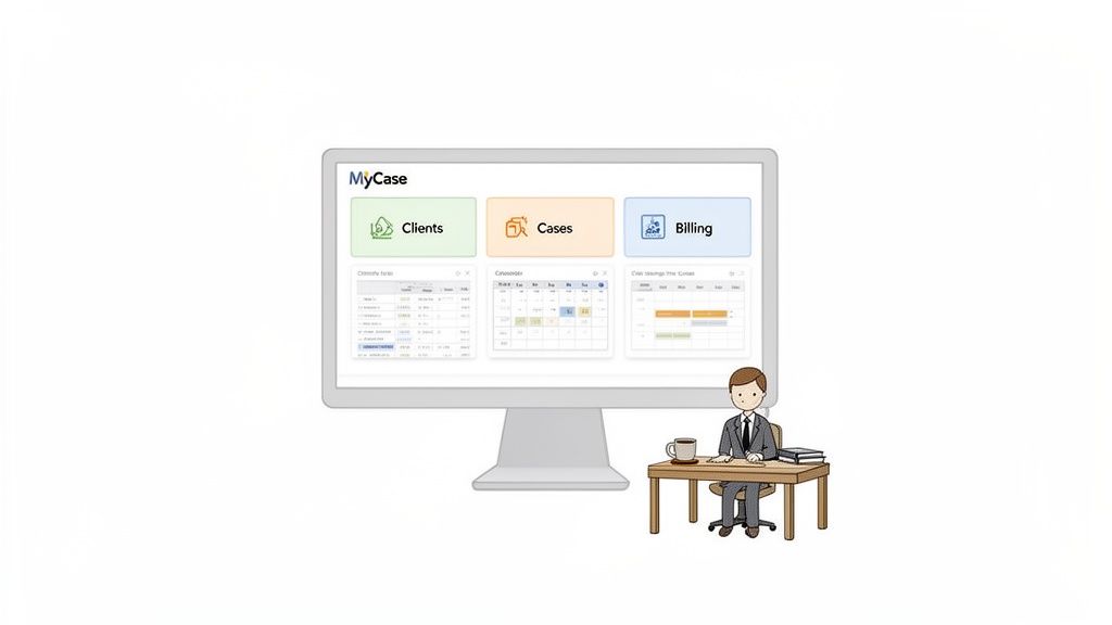 A cartoon man at a desk with a monitor displaying the MyCase legal practice management software dashboard.