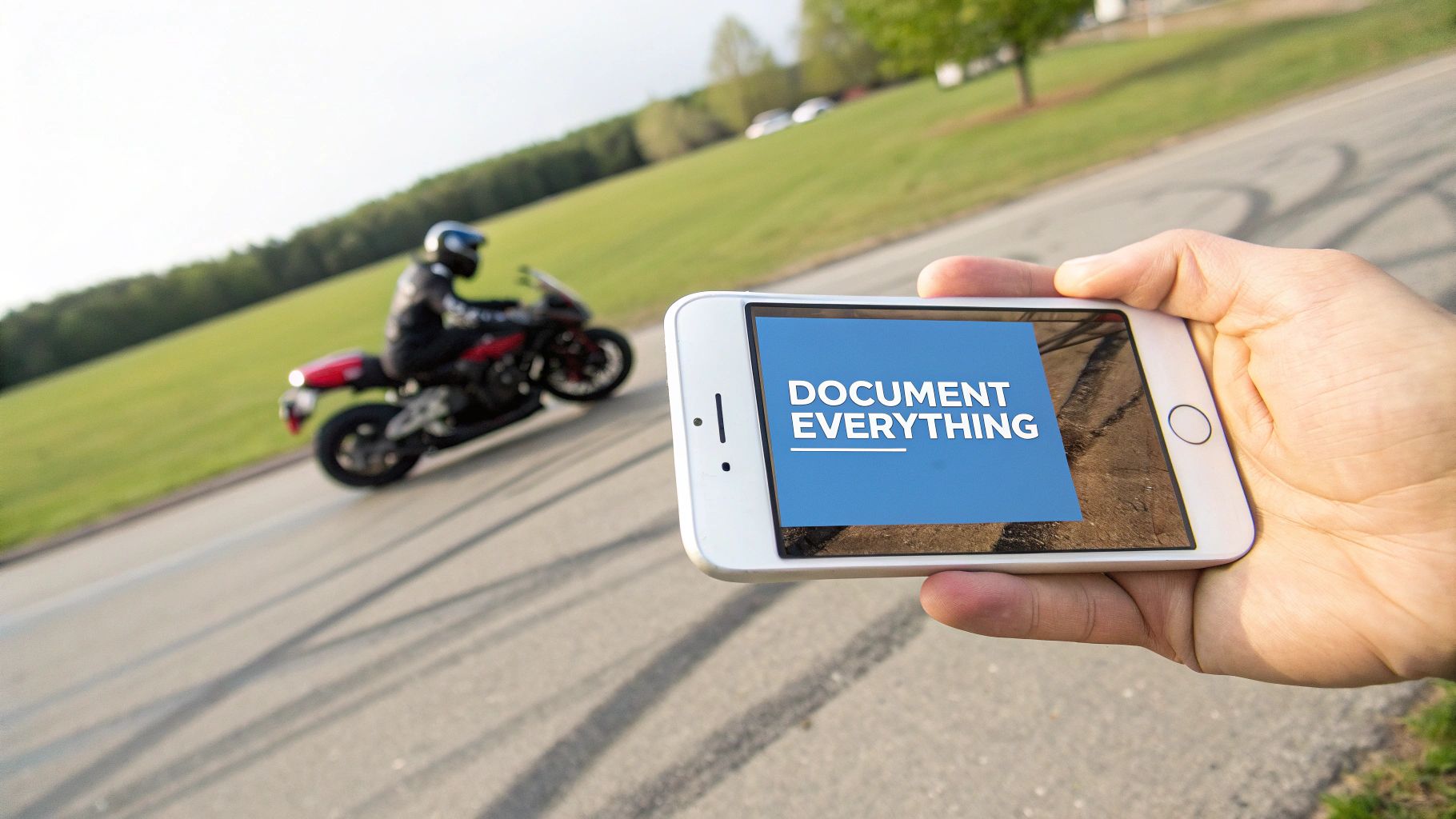 A hand holds a smartphone displaying "DOCUMENT EVERYTHING" while a motorcycle rides in the blurry background.