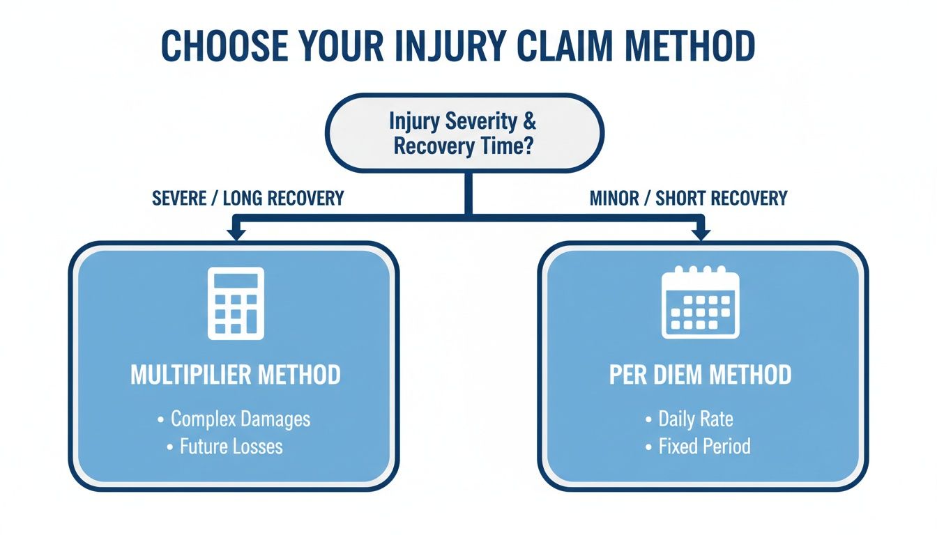Flowchart comparing injury claim methods: Multiplier for severe, Per Diem for minor injuries.