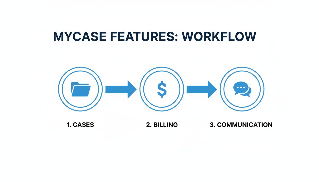 A diagram illustrating the MyCase legal software workflow, showing steps for Cases, Billing, and Communication.
