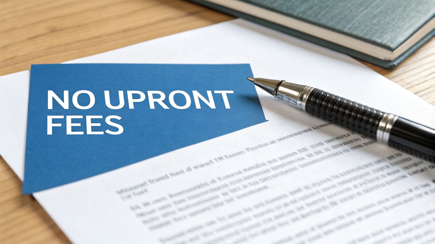 A blue card with the text "NO UPRONT FEES" placed on a document, next to a black pen.
