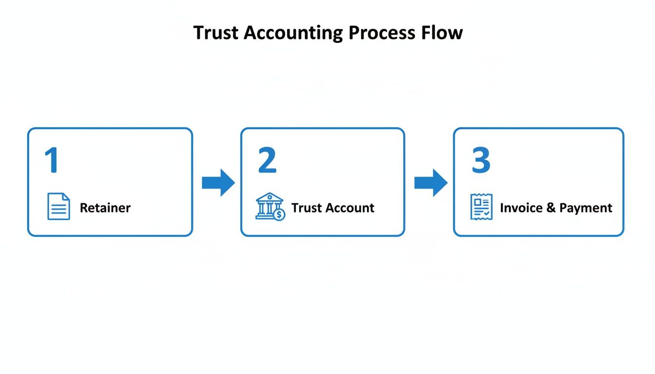 Flowchart illustrating the three-step trust accounting process: Retainer, Trust Account, and Invoice & Payment.