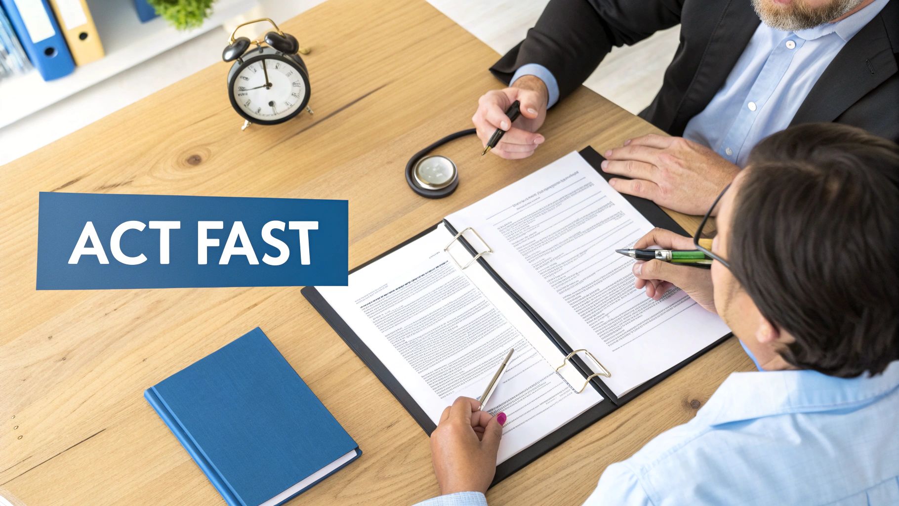 Two people review and sign legal documents on a wooden table, emphasizing the need to act fast.