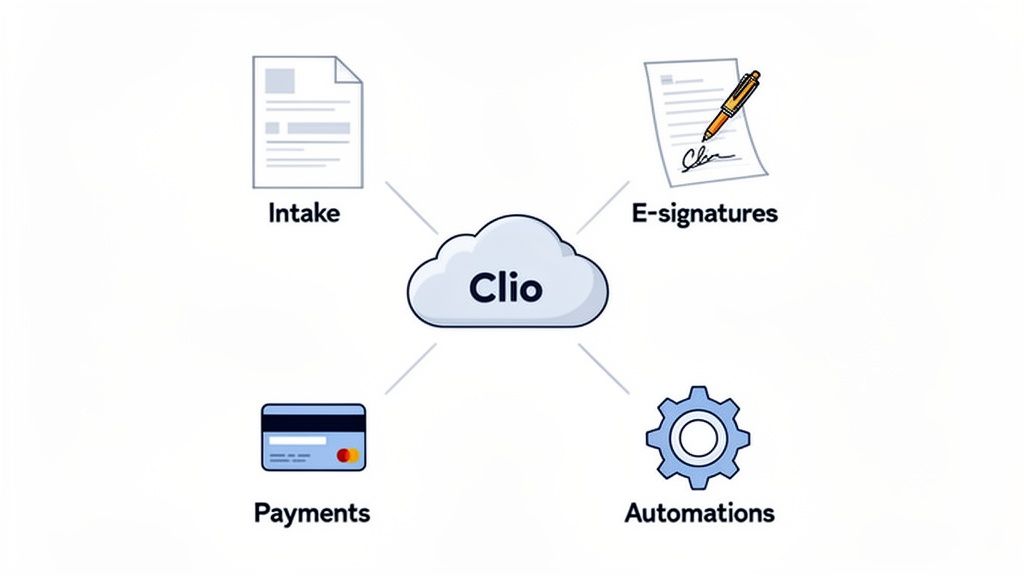 A diagram shows the Clio cloud connecting intake, e-signatures, payments, and automations.