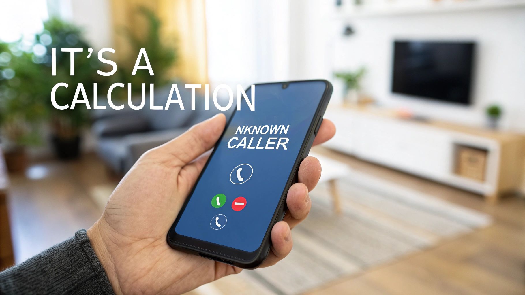 A hand holds a smartphone displaying an 'UNKNOWN CALLER' screen, with 'IT'S A CALCULATION' overlay.