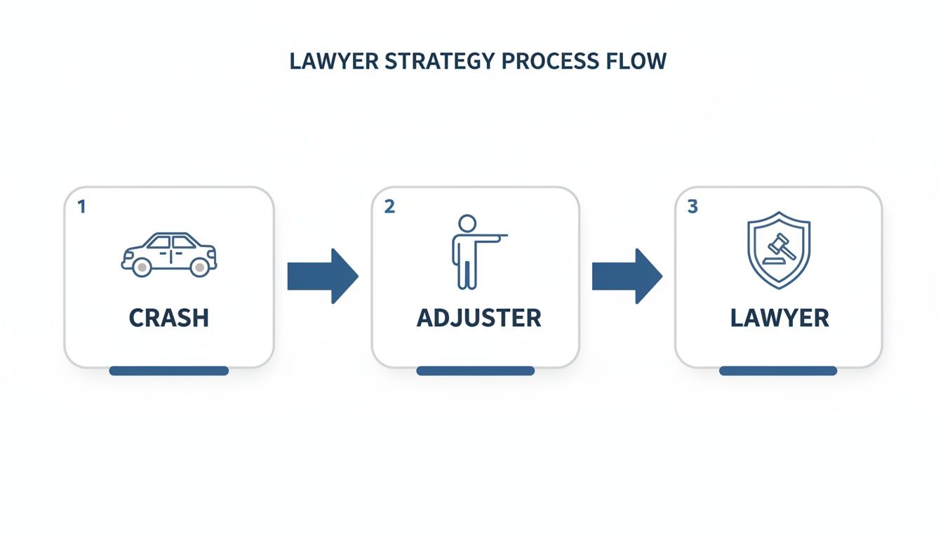Process flow diagram illustrating the sequence of events after a car crash, involving an adjuster and lawyer.
