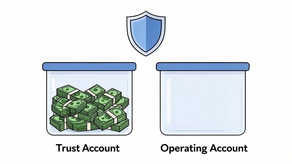 Illustration contrasting a trust account full of money with an empty operating account, secured by a shield.