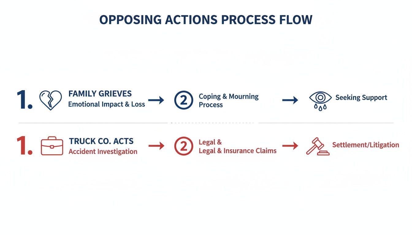 Flowchart illustrating the opposing actions process flow for a fatal truck accident.