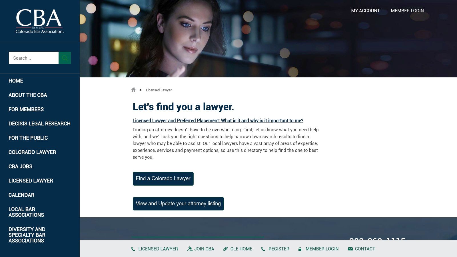 Colorado Bar Association's Find-A-Lawyer search interface